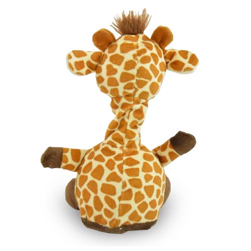 Die Labertier-Giraffe von www.buyon.at ist von hinten abgebildet und zeigt ihr ikonisches Giraffenmuster mit orangefarbenen und beigen Flecken. Dieses Plüschtier hat einen langen Hals, kleine Hörner und einen Büschel brauner Haare auf dem Kopf. Mit seinen entzückenden, weichen Gliedmaßen und dem kleinen Schwanz ist es perfekt für Kinder unter 3 Jahren.