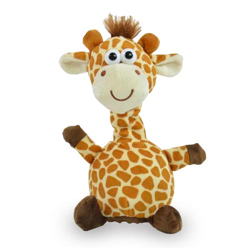 Ein Plüschtier von www.buyon.at namens Labertier Giraffe hat ein lächelndes Gesicht, große Augen und kurze braune Hörner. Die Giraffe hat eine flauschige Mähne mit einem gefleckten orange-weißen Muster und sitzt aufrecht mit leicht erhobenen Armen. Ihre Füße und die Spitzen ihrer Arme sind braun.