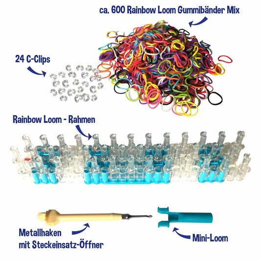 Ein Original Rainbow Loom Starter-Set von www.buyon.at wird mit verschiedenen deutsch beschrifteten Komponenten ausgestellt. Es umfasst rund 600 bunte Gummibänder, 24 C-Clips, einen Rainbow Loom-Rahmen, einen Metallhaken mit Einsteckwerkzeug-Entferner und einen Mini-Webstuhl. Zur Verdeutlichung zeigen Pfeile auf die einzelnen Teile.