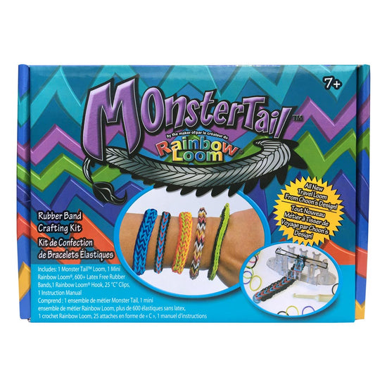 Abbildung des Original Rainbow Loom® Monster Tail™ Bastelsets von www.buyon.at zum Herstellen von Gummibandarmbändern. Die Verpackung zeigt farbenfrohe Beispiele, die Sie mit dem enthaltenen Webstuhl, Rainbow Loom Gummibändern, Haken und S-Clips herstellen können. Geeignet für Kinder ab 7 Jahren, Anleitungen auf YouTube sind verfügbar.