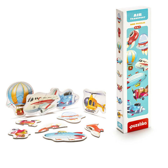 Ein Puzzle-Box-Set mit der Aufschrift „Puzzle ‚Flugzeuge‘“ mit verschiedenen Flugzeug-Illustrationen. Die Teile umfassen ein Flugzeug, einen Hubschrauber, einen Heißluftballon und andere Flugfahrzeuge. Dieses hochwertige Puzzle-Set der Marke www.buyon.at präsentiert jedes Design wunderschön rund um die Box.