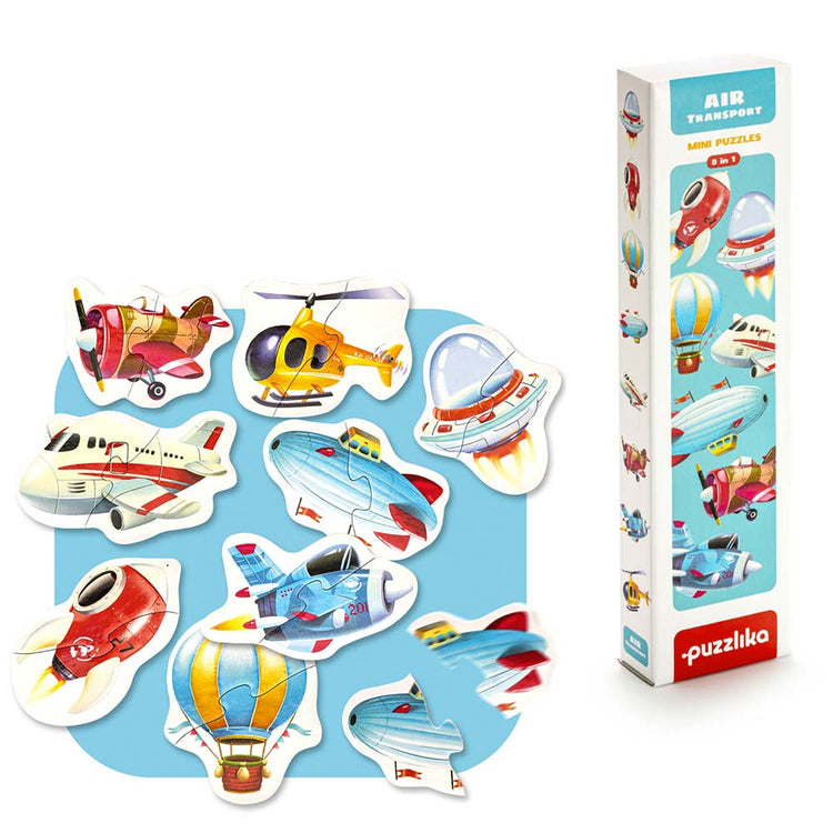 Das Puzzle „Flugzeuge“ von www.buyon.at ist ein Mini-Puzzle-Set mit bunten Teilen in Form verschiedener Flugzeuge und Luftfahrzeuge, darunter Flugzeuge, ein Hubschrauber, ein Heißluftballon und ein Raumschiff. Dieses hochwertige Flugzeug-Puzzle ist hervorragend gestaltet, damit Luftfahrzeuge-Kinder Spaß haben. Die Verpackungsschachtel ist rechts aufrecht abgebildet.