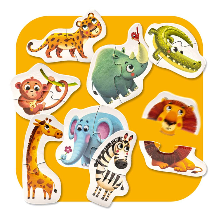 Illustrierte Puzzleteile mit verschiedenen Tieren, darunter ein Löwe, eine Giraffe, ein Zebra, ein Elefant, ein grünes Chamäleon, ein Nashorn, ein Krokodil und ein lächelnder Affe. Das Puzzle-Set „Afrika“ von www.buyon.at bietet hochwertige Tier-Puzzles auf einem leuchtend gelben Hintergrund.