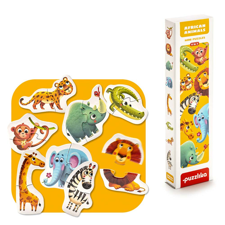 Puzzle „Afrika“ von www.buyon.at ist ein farbenfrohes Set aus Mini-Puzzles mit farbenfrohen Cartoon-Figuren aus Afrika, darunter Affen, Nashörner, Krokodile, Geparden, Elefanten, Löwen, Hyänen und Zebras. Jedes Puzzle zeigt die afrikanische Tierwelt vor einem auffälligen gelben Hintergrund und ist hübsch in einer hohen, schmalen Schachtel verpackt, die mit ähnlichen Tierillustrationen geschmückt ist.