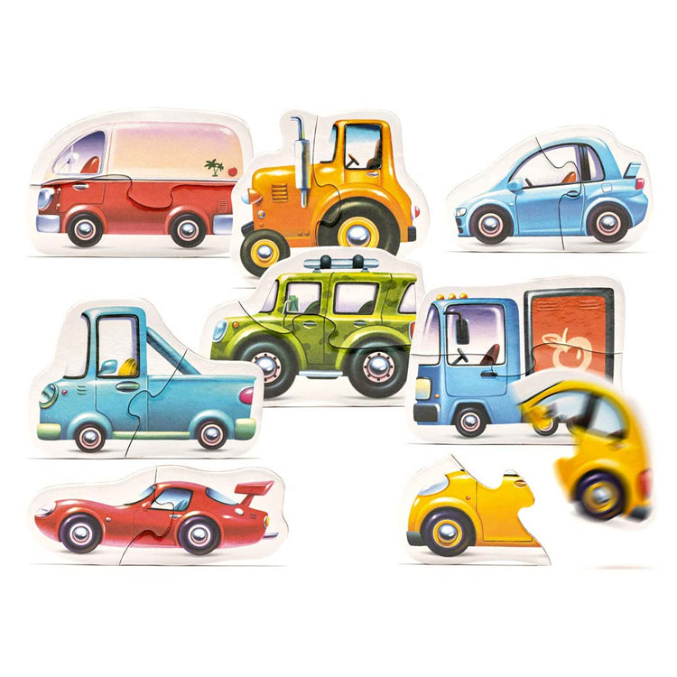 Wir präsentieren das Puzzle „Fahrzeuge“ von www.buyon.at: eine farbenfrohe Sammlung von Puzzleteilen mit verschiedenen Fahrzeugtypen, darunter ein roter Lieferwagen, ein gelber Traktor, eine blaue Limousine, ein grüner SUV, ein orangefarbener Lieferwagen, ein roter Sportwagen und ein gelbes Auto. Jedes Fahrzeug ist kinderfreundlich gestaltet und besteht aus zwei ineinander greifenden Teilen.