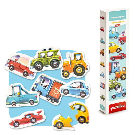 Ein Set farbenfroher Mini-Puzzles mit Fahrzeugmotiven von www.buyon.at, mit verschiedenen bunten Autos, Lastwagen und einem gelben Traktor. Die zusammengesetzten Teile befinden sich vor der Verpackungsschachtel, die auf der Vorderseite ähnliche Fahrzeugillustrationen zeigt. Dieses Puzzle „Fahrzeuge“ zeichnet sich durch eine hochwertige Verarbeitung aus, die perfekt für Kinder geeignet ist.