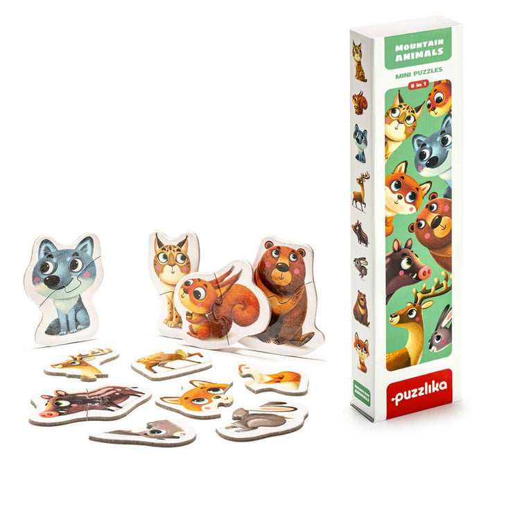 Ein farbenfrohes Puzzle-Set „Waldtiere“ von www.buyon.at zeigt entzückende illustrierte Bergtiere wie einen Wolf, ein Eichhörnchen und einen Bären. Die Verpackung zeigt Cartoon-Bilder der Waldtiere-Puzzle-Figuren, wobei einige Puzzleteile um die teilweise fertigen Tierfiguren verstreut sind.