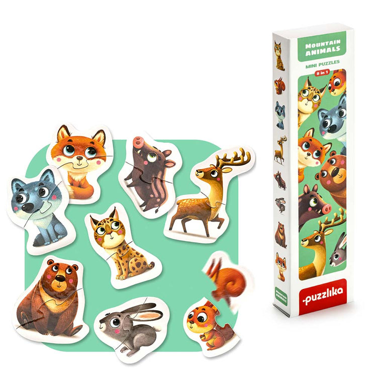 Abbildung eines Puzzle-Sets mit abgebildeten Waldtieren, darunter Fuchs, Wolf, Wildschwein, Hirsch, Luchs, Bär, Hase und Eichhörnchen. Die Teile sind um eine senkrecht stehende Schachtel mit der Aufschrift „Puzzle ‚Waldtiere‘“ von www.buyon.at – ein hochwertiges Tier-Puzzle-Set für Kinder angeordnet.