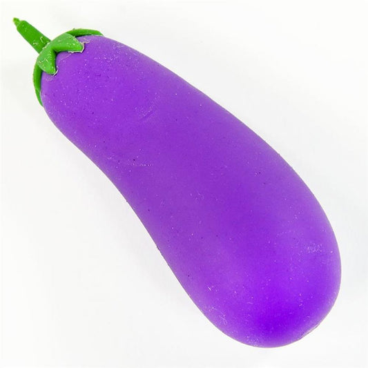 Eine Nahaufnahme eines violetten, auberginenförmigen Quetschspielzeugs, bekannt als Quetsch Aubergine, von www.buyon.at, mit grünem Stiel. Das Spielzeug für Kinder ist glatt und hell gefärbt vor einem schlichten weißen Hintergrund, perfekt zum Stressabbau.