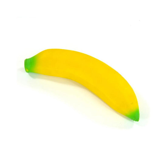 Eine leuchtend gelbe, bananenförmige Squeeze Banane von www.buyon.at mit grünen Spitzen an beiden Enden wird vor einem schlichten weißen Hintergrund präsentiert. Der Artikel hat ein glattes und leicht glänzendes Aussehen, was darauf hindeutet, dass er aus Kunststoff oder Gummi besteht – ideal als Spielzeug für Kinder oder zum Stressabbau.