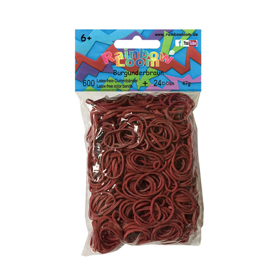 Eine durchsichtige Plastikverpackung mit der Aufschrift „Rainbow Loom Gummibänder Burgunderbraun“ von www.buyon.at enthält 600 burgunderfarbene Rainbow Loom Gummibänder und 24 C-Clips. Die Verpackung ist mit bunten Zickzack-Mustern versehen und weist darauf hin, dass die Bänder latexfrei sind. Die Altersempfehlung lautet ab 6 Jahren.