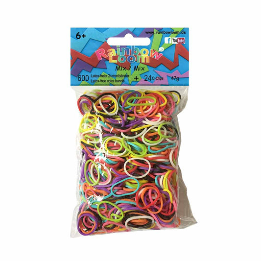 Eine Packung Rainbow Loom Gummibänder Mix von www.buyon.at, perfekt zum Basteln farbenfroher Armbänder. Sie enthält mehrfarbige Gummibänder und 24 C-Clips. Die transparente Verpackung verfügt über eine bunte Überschrift mit dem Produktnamen und dem Inhalt, darunter 600 latexfreie Bänder. Ideal für Liebhaber der Loom-Armbandherstellung.