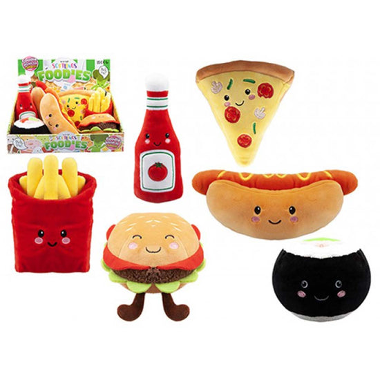 Die Plüsch Spielzeug Softlings Fast Foodies von www.buyon.at sind ein bezauberndes Set aus 16 cm großen Plüschtieren, die wie verschiedene Lebensmittel aussehen, wie zum Beispiel ein Hotdog, ein Stück Pizza, eine Sushi-Rolle, eine Flasche Ketchup, ein Hamburger und eine Tüte Pommes. Mit lächelnden Gesichtern und weichen Körpern sind diese entzückenden Spielzeuge perfekt zum Kuscheln und Spielen.