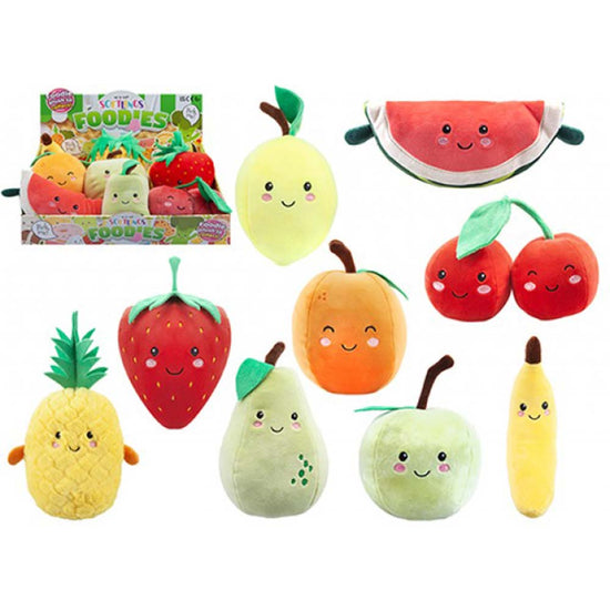 Wir präsentieren die Softlings Fruity Foodie-Kollektion von www.buyon.at, eine entzückende Auswahl süßer 16 cm großer Plüschfiguren in Form verschiedener Früchte und Gemüse, jedes mit einem lächelnden Gesicht. Enthalten sind eine Wassermelonenscheibe, eine Erdbeere, ein Kirschpaar, Ananas, Avocado, Birne, Apfel, Banane und eine Schachtel mit weiteren dieser entzückenden Plüschfiguren zum Kuscheln und Spielen.