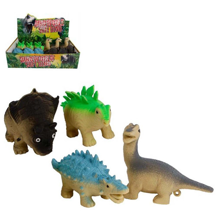 Vier farbenfrohe Squeeze Quetsch-Dino-Spielzeuge von www.buyon.at werden neben einem Karton mit der Aufschrift „Unfangbarer Soft-Dino“ ausgestellt. Der Karton enthält weitere Spielzeugdinosaurier. Die Spielzeuge sind in Grün-, Schwarz-, Blau- und Beigetönen erhältlich und stellen jeweils eine andere Dinosaurierart dar – perfekt als Geschenk für Kinder.