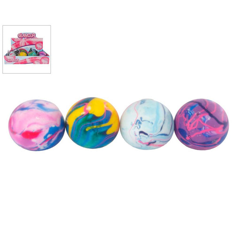 Vier farbenfrohe Squeezeball Tie-Dye-Fehlbälle mit wirbelnden Mustern in den Farben Pink, Blau, Gelb, Grün und Weiß. Jeder Ball weist ein einzigartiges marmoriertes Design auf. In der oberen linken Ecke befindet sich ein kleines Bild der Verpackung mit der Marke „www.buyon.at“ und anderen SQ075-Fehlbällen.