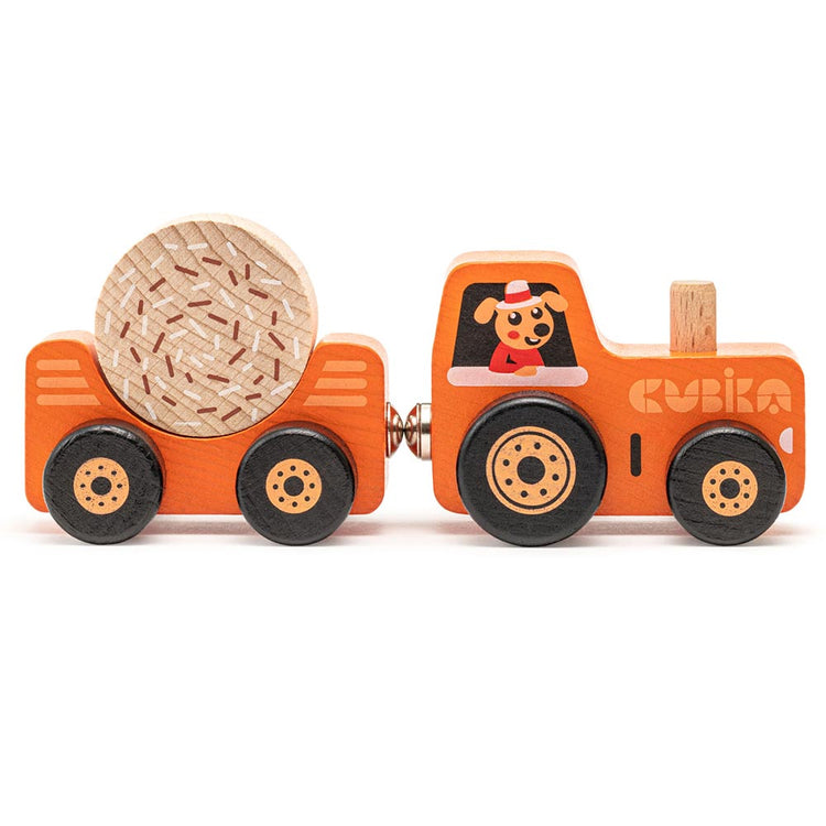 Wooden toy tractor with hay bale, 3 parts