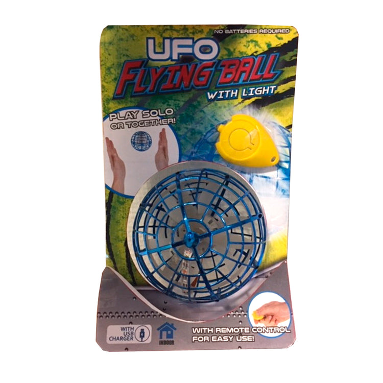 Das Bild zeigt die Verpackung eines „Flying Ufo Ball mit Licht“ von www.buyon.at. Die Verpackung enthält ein blaues, kugelförmiges Flugspielzeug und eine gelbe Fernbedienung. Der Text hebt hervor, dass die Kugeldrohne allein oder zu zweit gespielt werden kann und dass sie mit einem Ladegerät geliefert wird. Sie verfügt über Licht-Effekte, die perfekt für den Einsatz in Innenräumen geeignet sind.